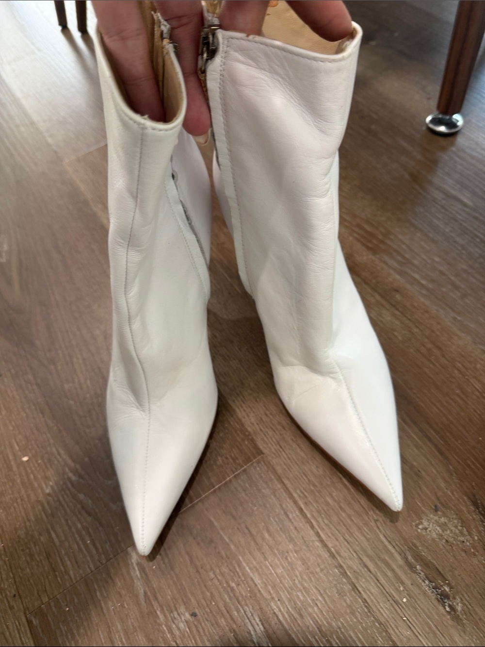 Zara White Pointed Leather Mid-Calf Heeled Boots